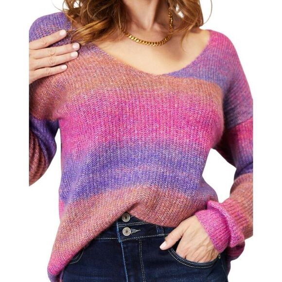 Purple Pink Ombre Rib-Knit V-Neck Knit Pullover Sweater NWT - Double Take - Picture 7 of 10